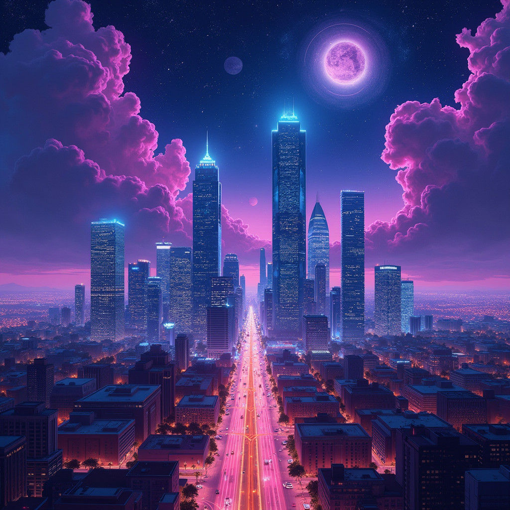 Cosmic Neon Cityscape of Dallas in Visionary Art Style