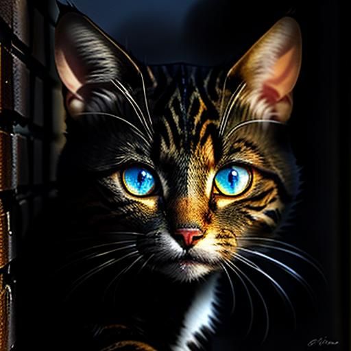 a scrawny alley cat named Mittens watched from the shadows. but with beautiful eyes