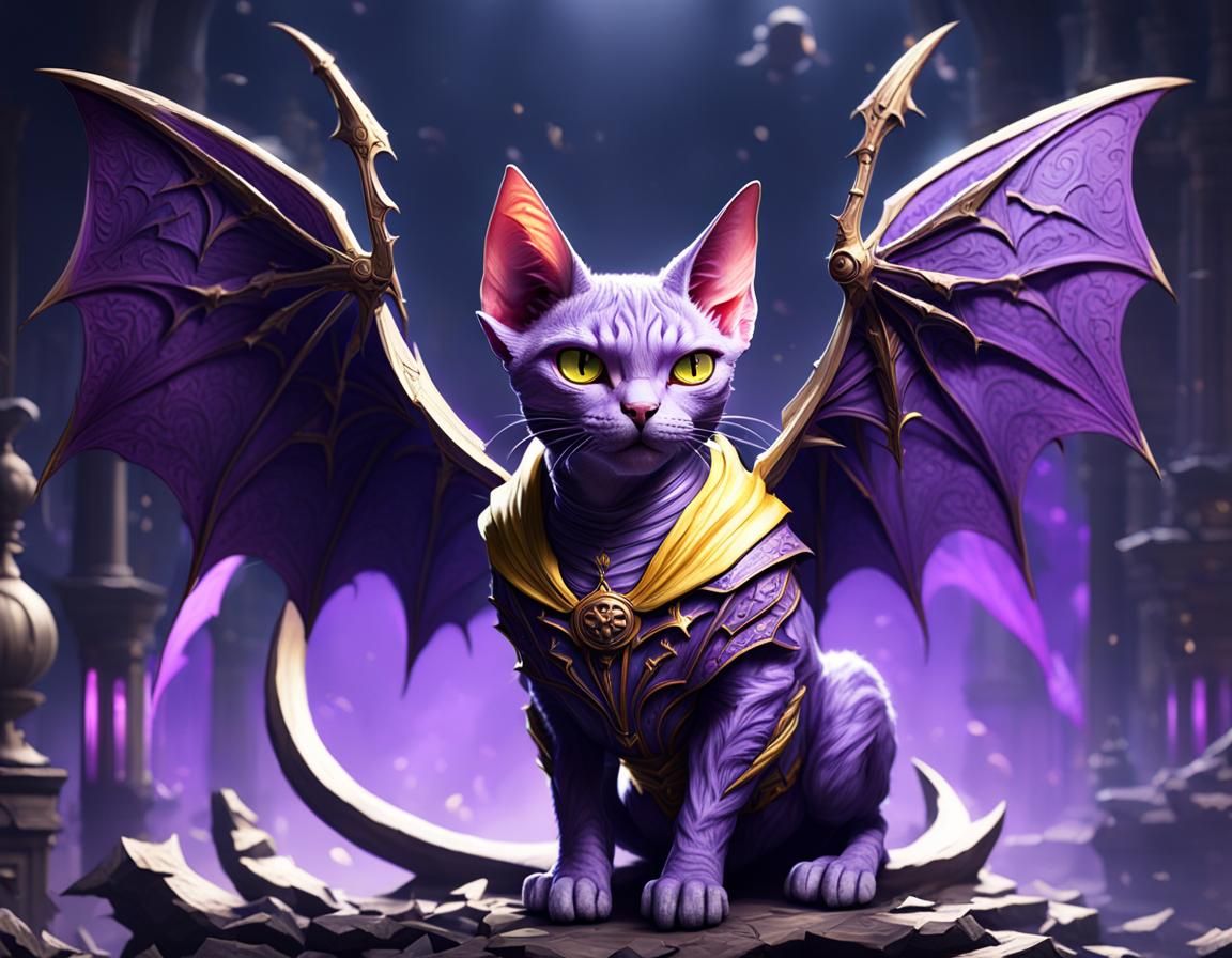 Hairless Vampire Cat with Bat Wings in Dark Fantasy