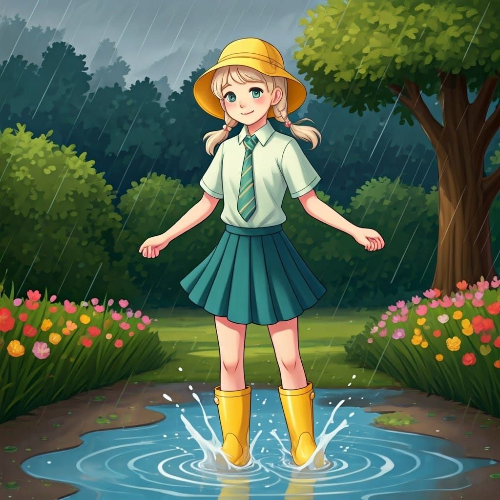 Eleanor Dances in a Rainy Garden Puddle