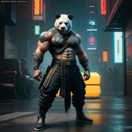 Muscular Panda Warrior in Cyberpunk Style