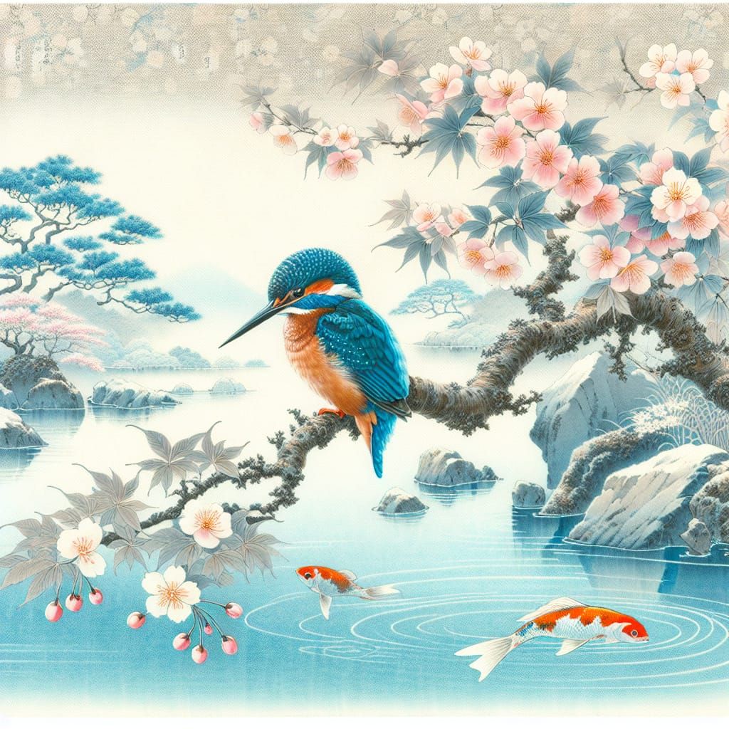 Kingfisher in Japanese Edo Period Style Artwork
