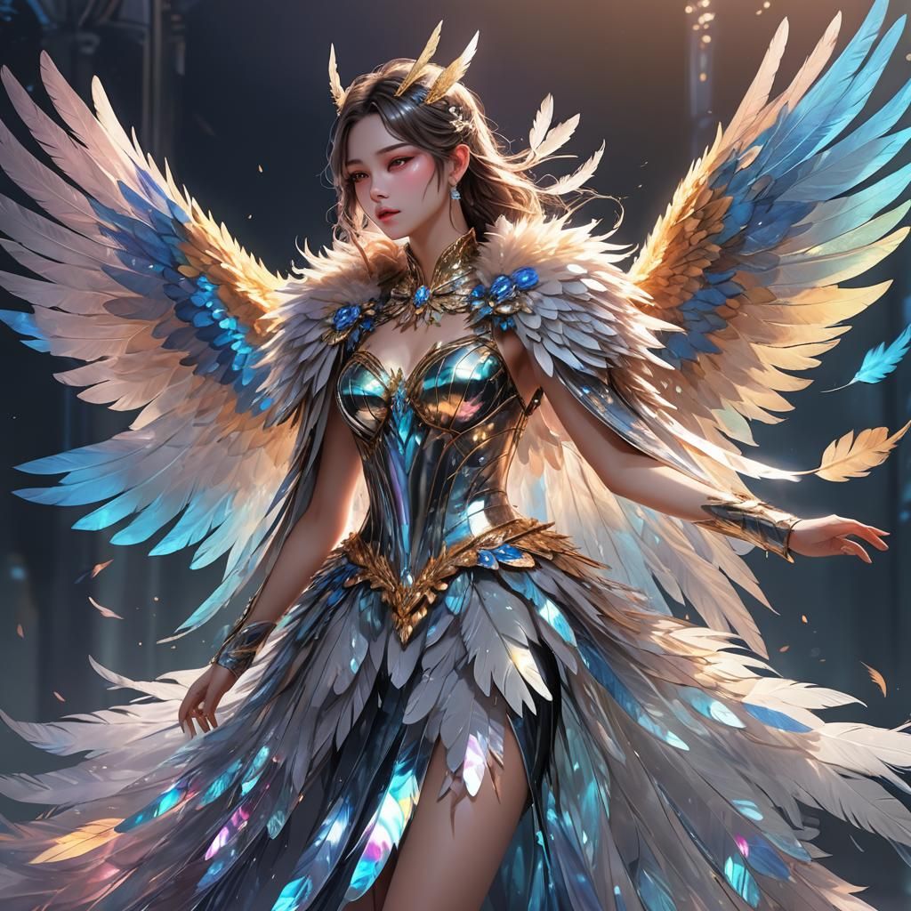 Prismatic Woman with Feathered Wings in Neon