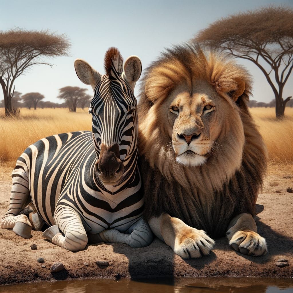 Lion and Zebra Rest Peacefully by Watering Hole
