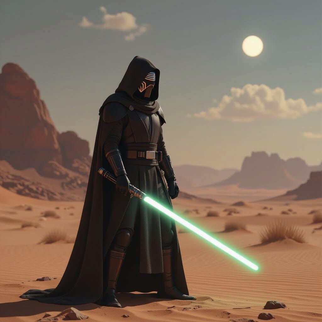 Heroic Jedi Knight in Desert Landscape, Cinematic Style