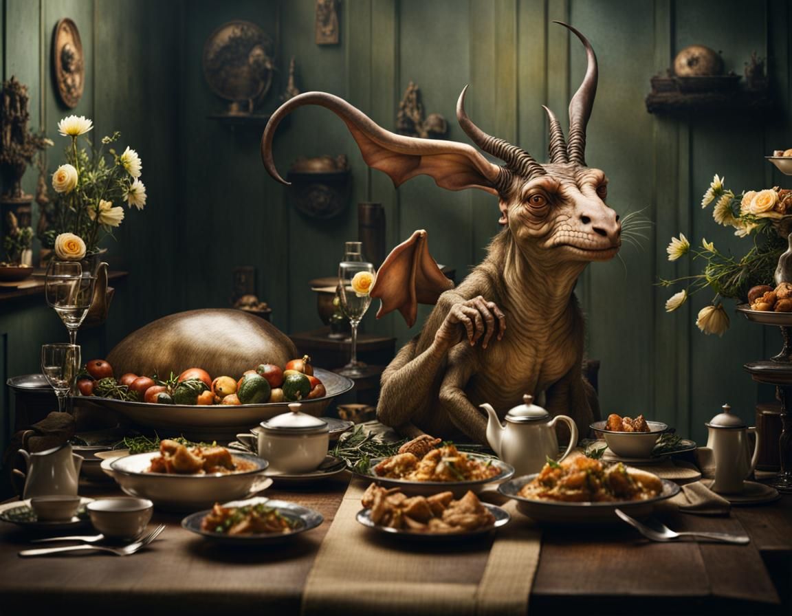 Surreal Restaurant with Bizarre Creatures: Dreamlike Art