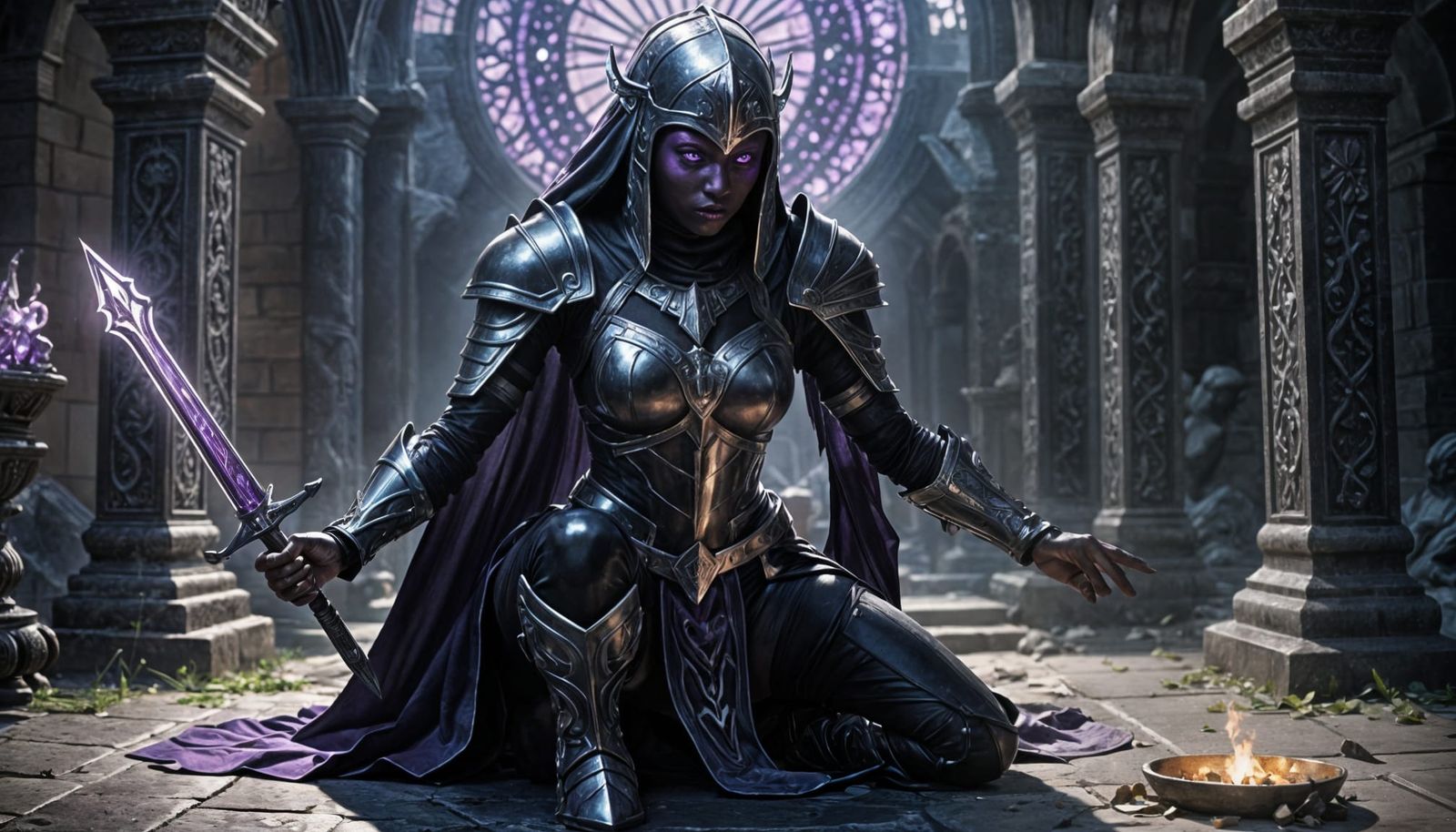 Drow Priestess Kneeling in Ancient Ruins