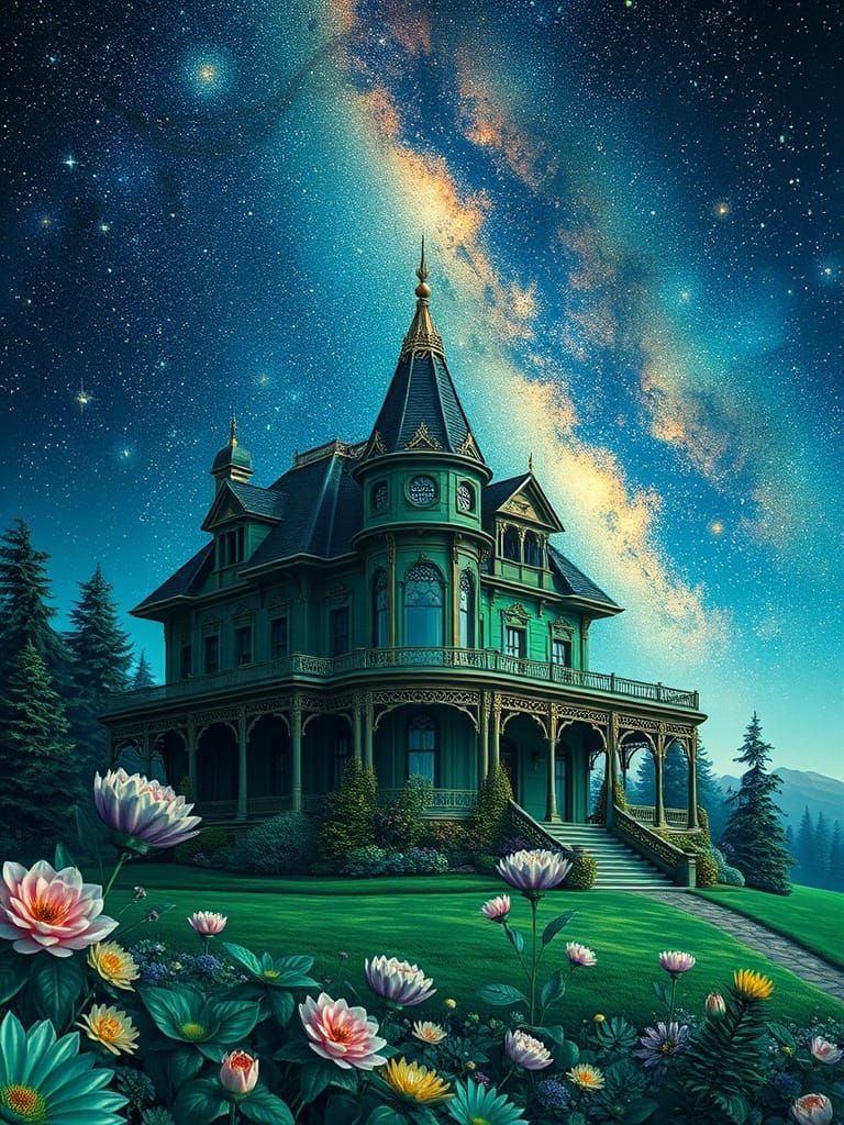 Cosmic Victorian Estate Under Starry Milky Way