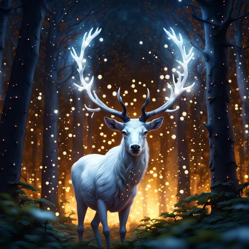 Majestic White Stag in Forest at Night