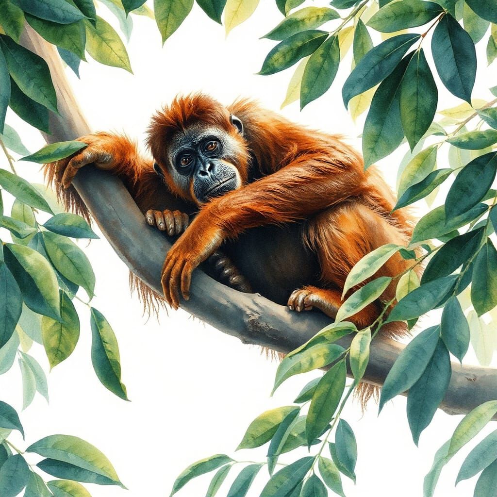 Orangutan Resting on Branch in Lush Jungle Watercolor