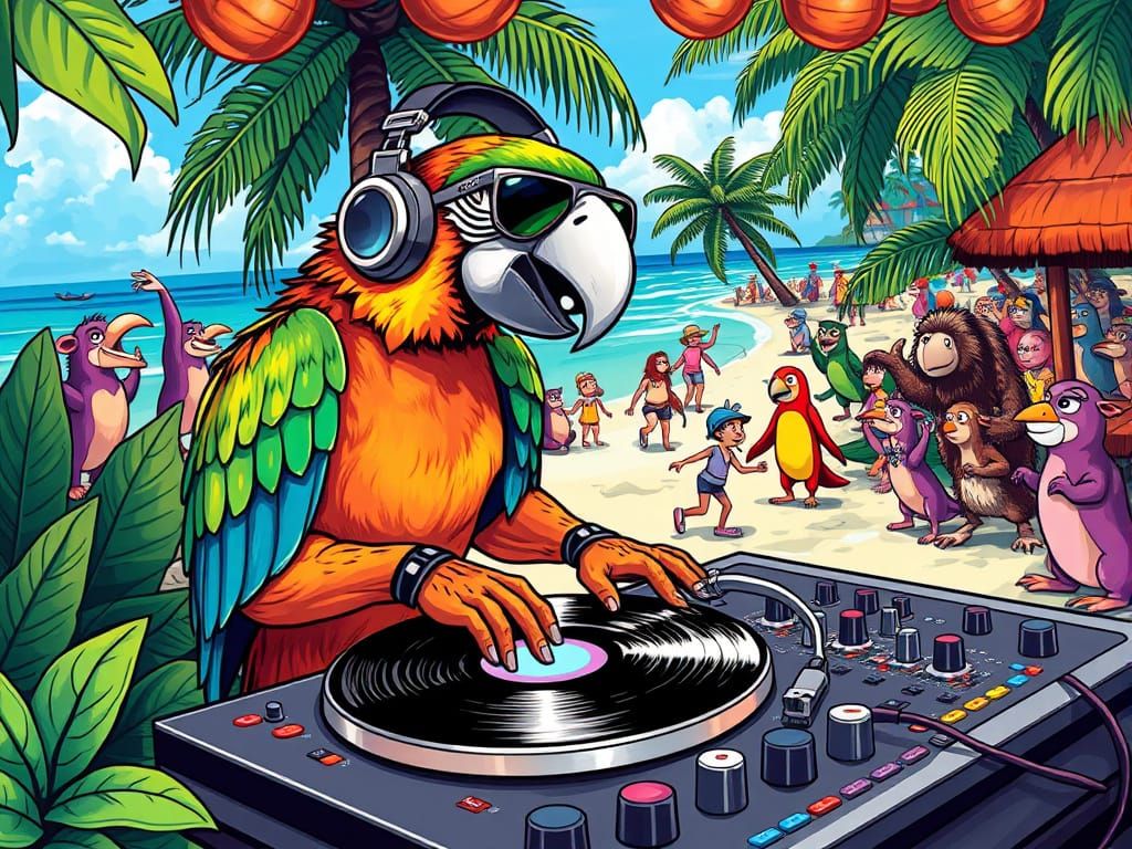 Parrot DJ Spinning Beats on a Tropical Beach