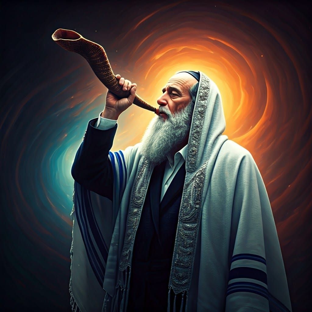 Ultra-Orthodox Jew Blowing Shofar in Vibrant Beadwork