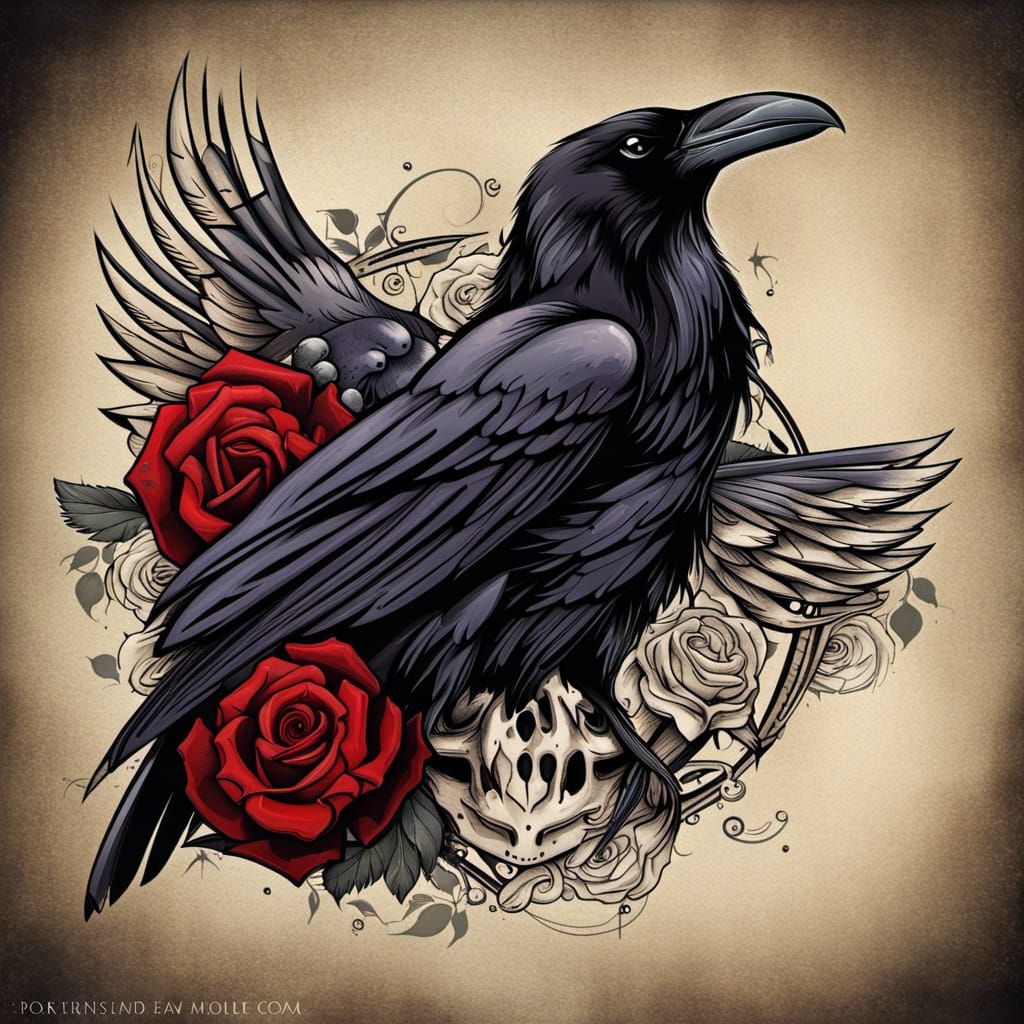 Raven and Skull Graphic Design with Rose