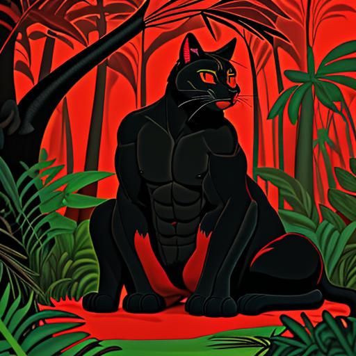 Giant Cat in Rousseau-Inspired Tropical Jungle