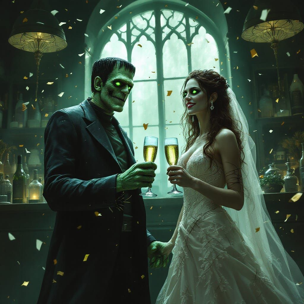 Frankenstein and Bride Toast New Year in Gothic Lab