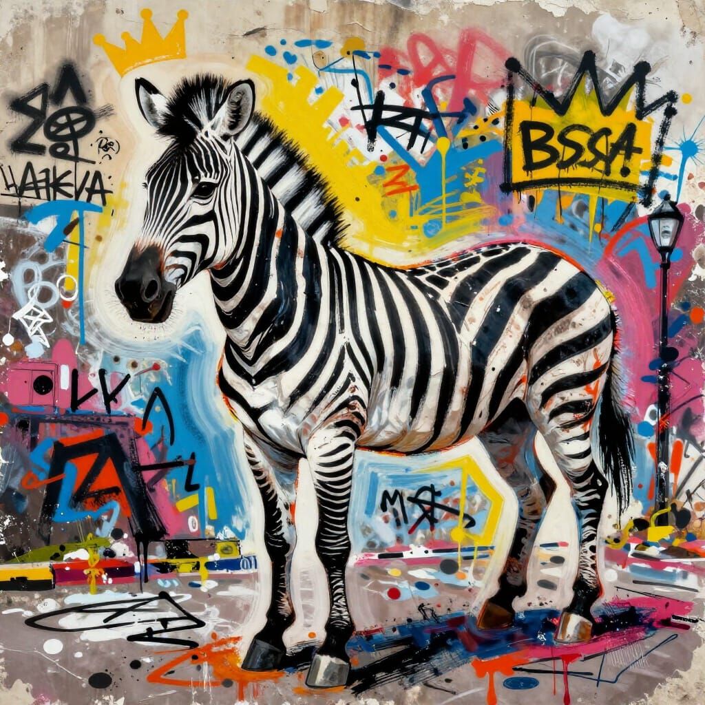 Zebra on Graffiti Street in Basquiat Neo-Expressionist Style