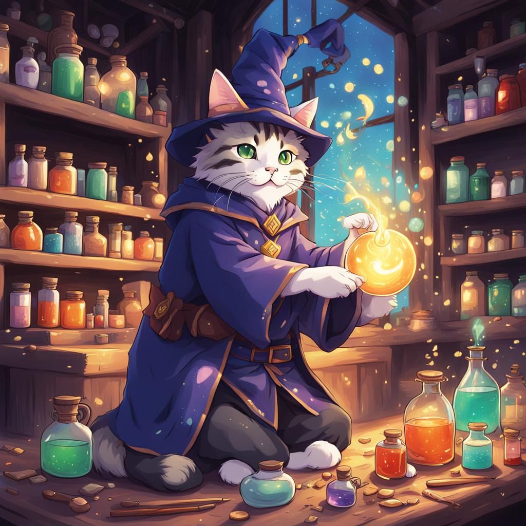 Wizard Cat Crafting Potions in Anime Style