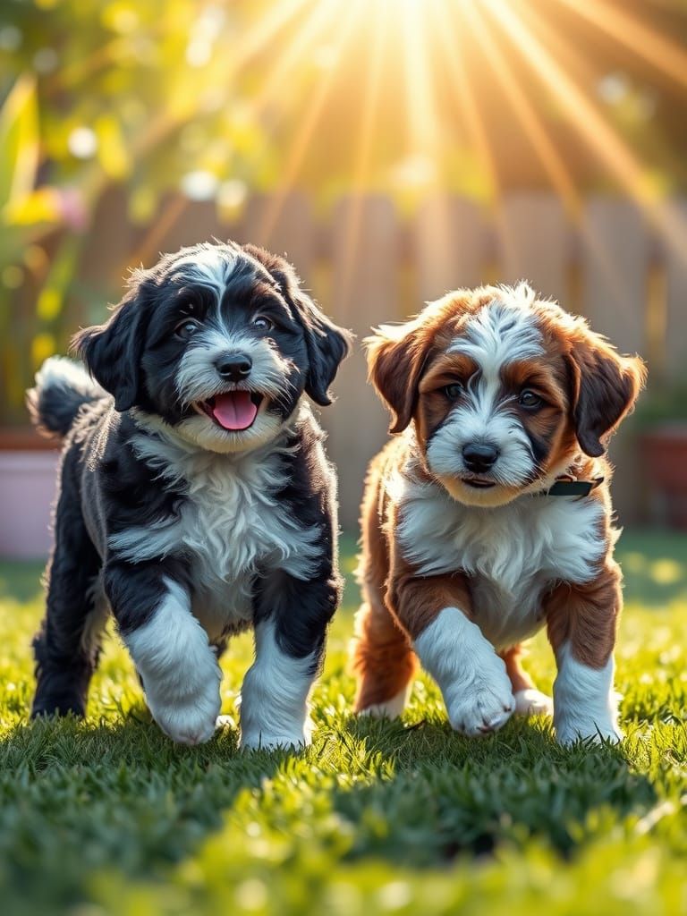 Two Aussie Doodle Puppies Playing in Sunny Yard