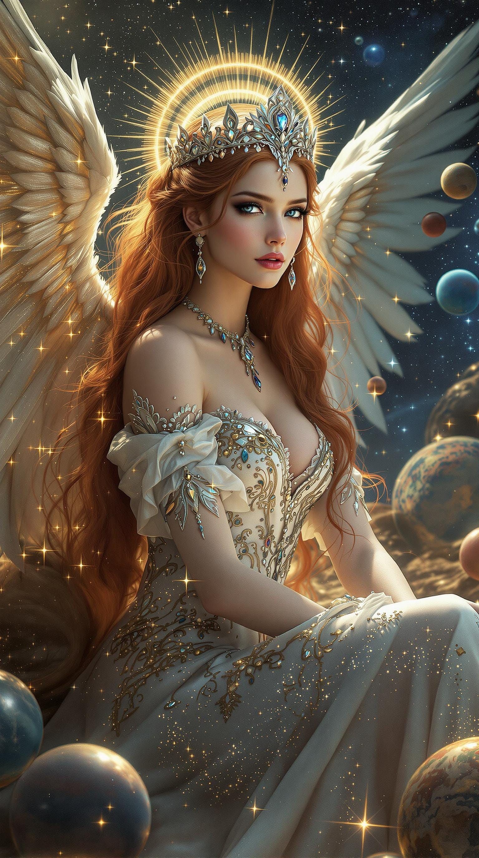 Ethereal Medieval Queen with Angel Wings and Celestial Crown
