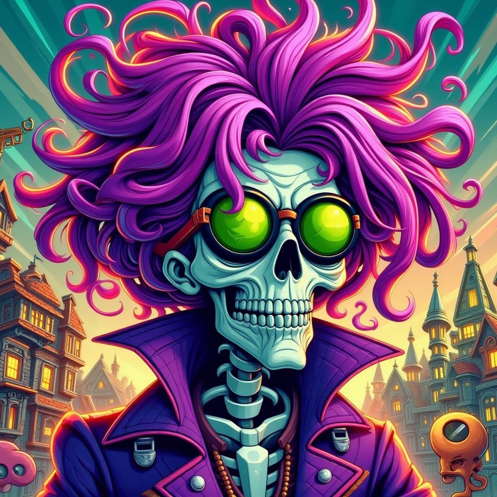 Skeleton with Crazy Hair and Purple Jacket