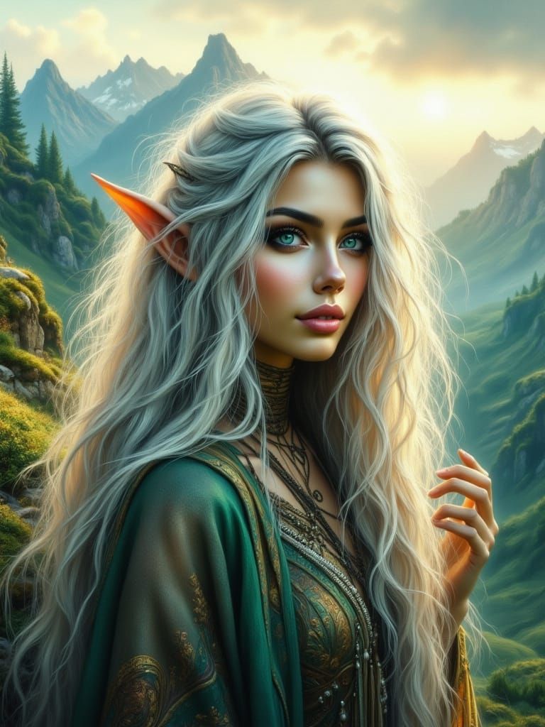 Elf Maiden with Silver Hair and Emerald Eyes