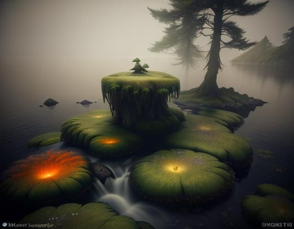 Female Amphibioid on Misty Rock in 3D Game Art