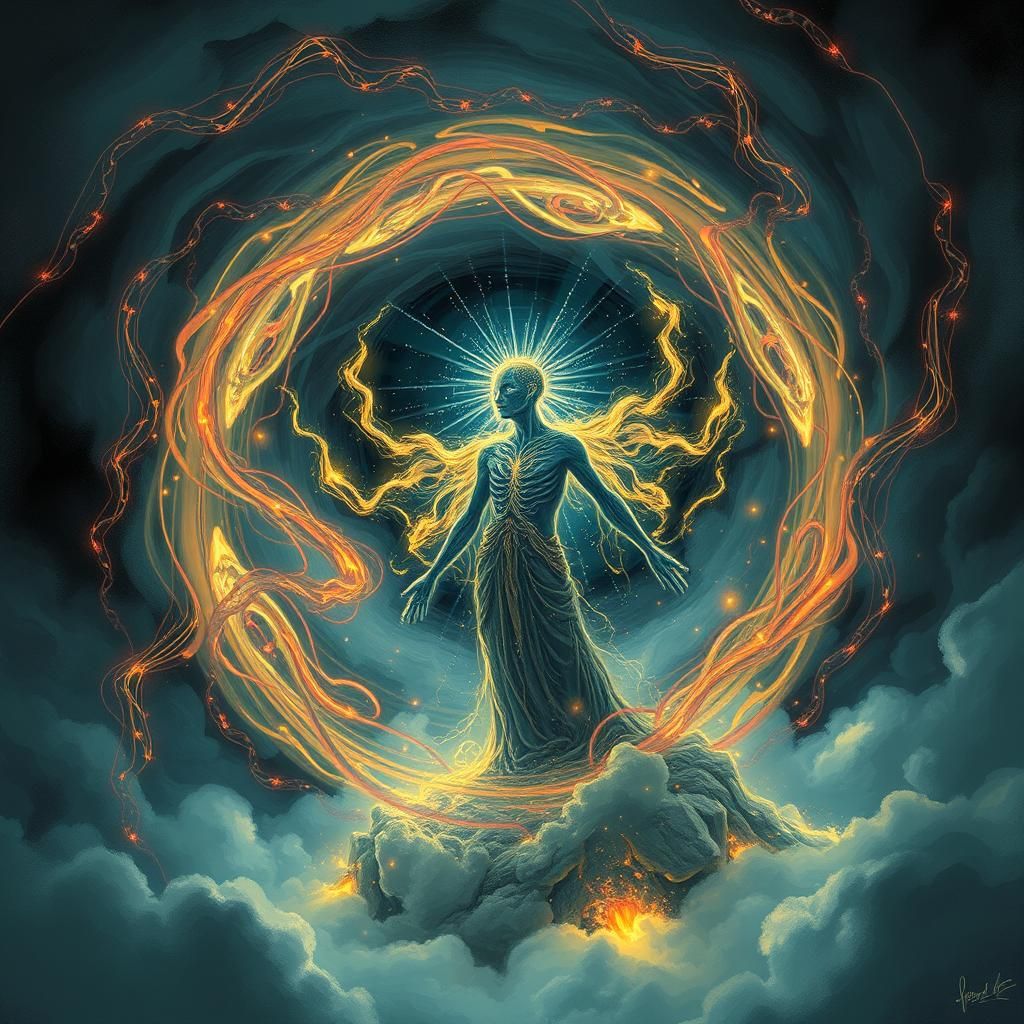 Mystical Being in Swirling Lights: A Surreal Vision