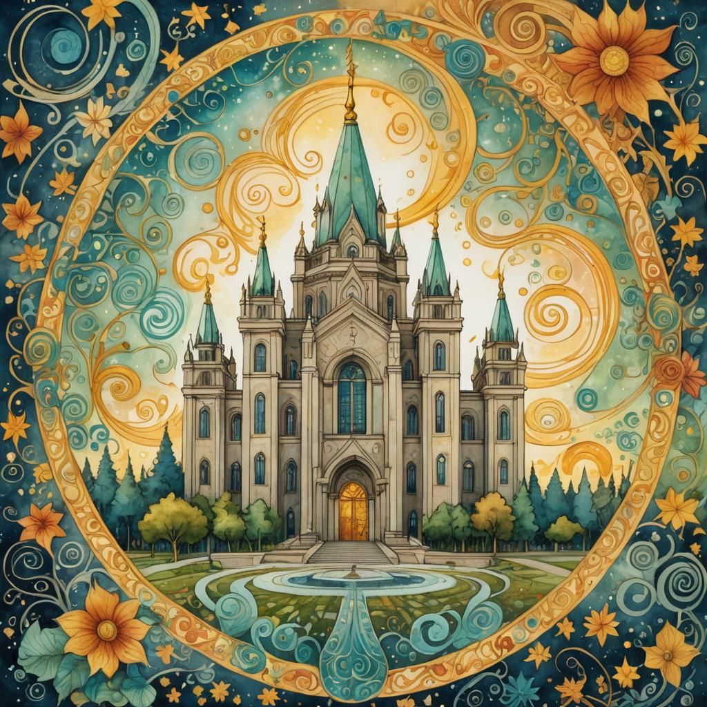 Whimsical LDS Temple Quilt Art in Folk Style