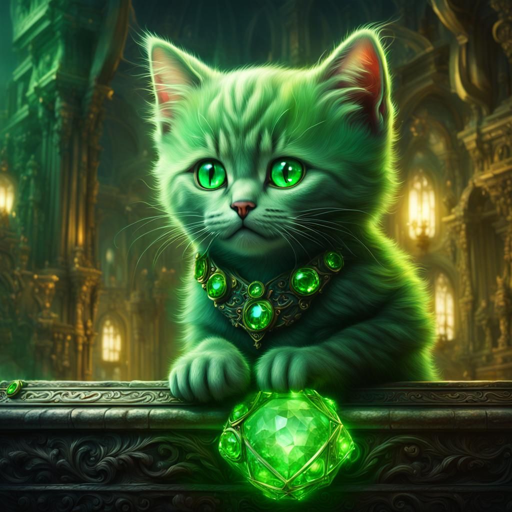 Emerald Kitten with Peridot Eyes: Digital Art