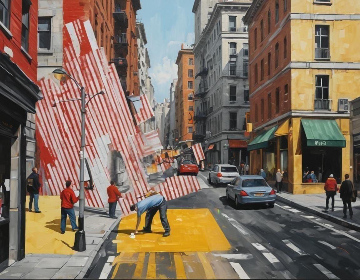 Expressive Urban Scene with Red and White Stripe Abstract