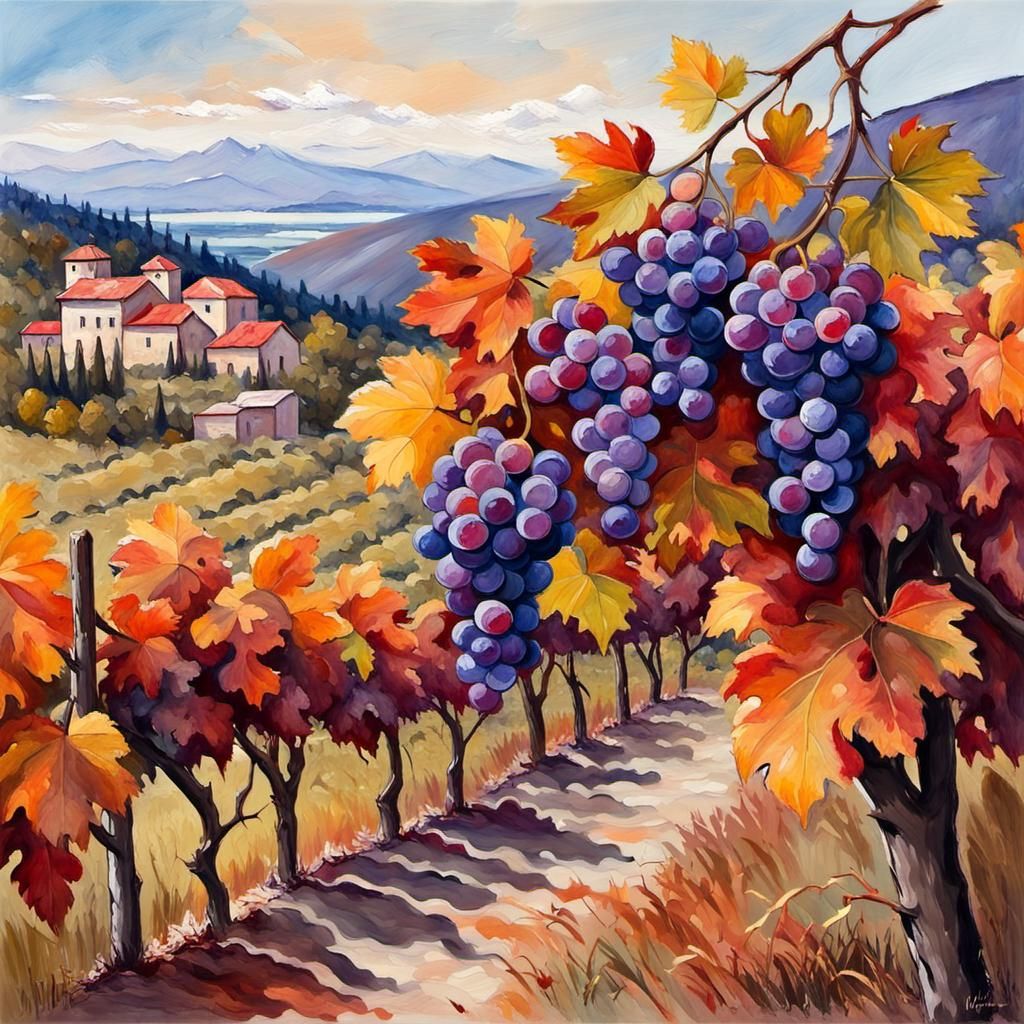 Impressionist Autumn Landscape with Grapes in Gouache