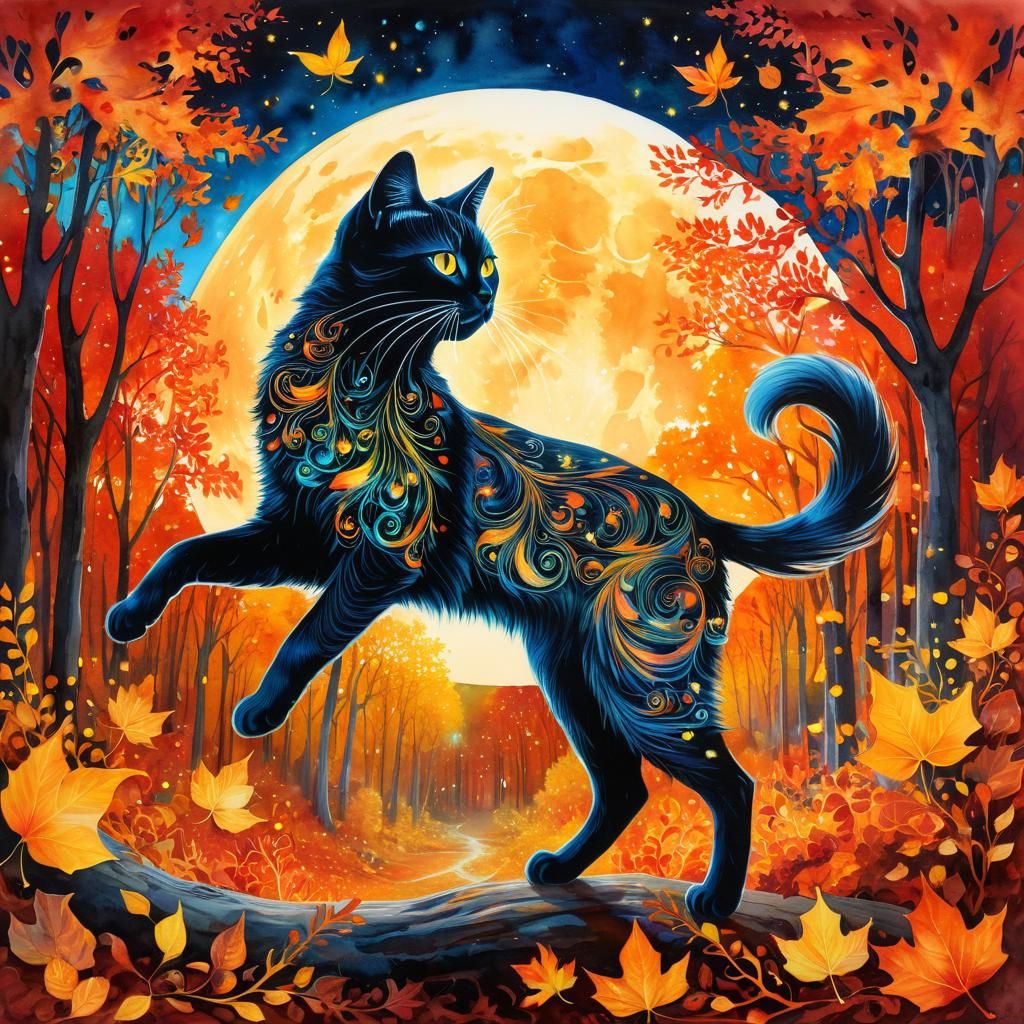 Bioluminescent Cat Dancer in Autumnal Watercolor