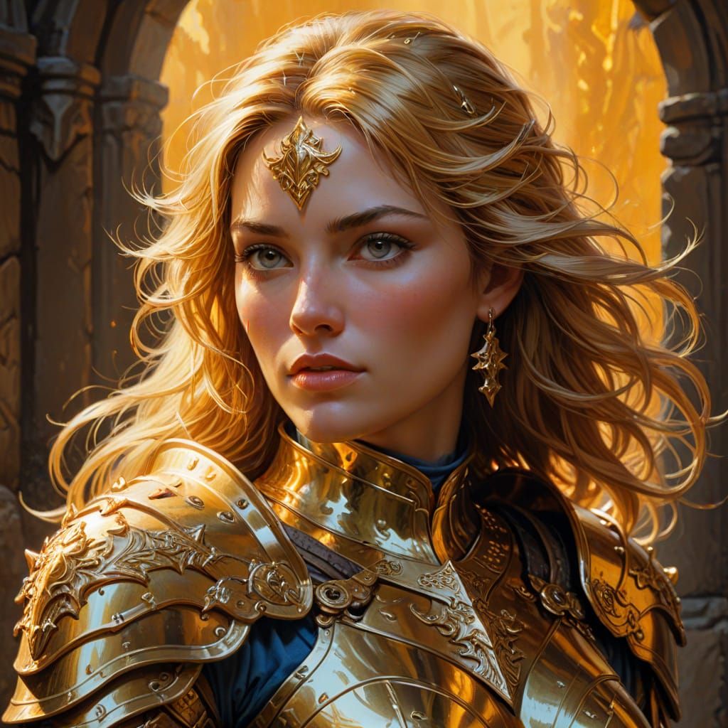 Golden Paladin in Whelan Style Oil Painting