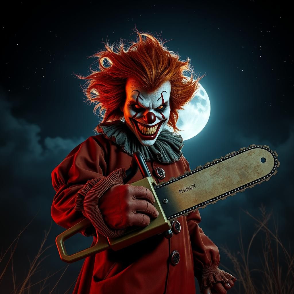 Psycho Clown with Chainsaw Under Moonlight