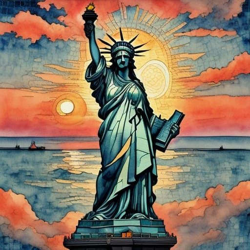 Statue of Liberty in Muted Neon Watercolor Style