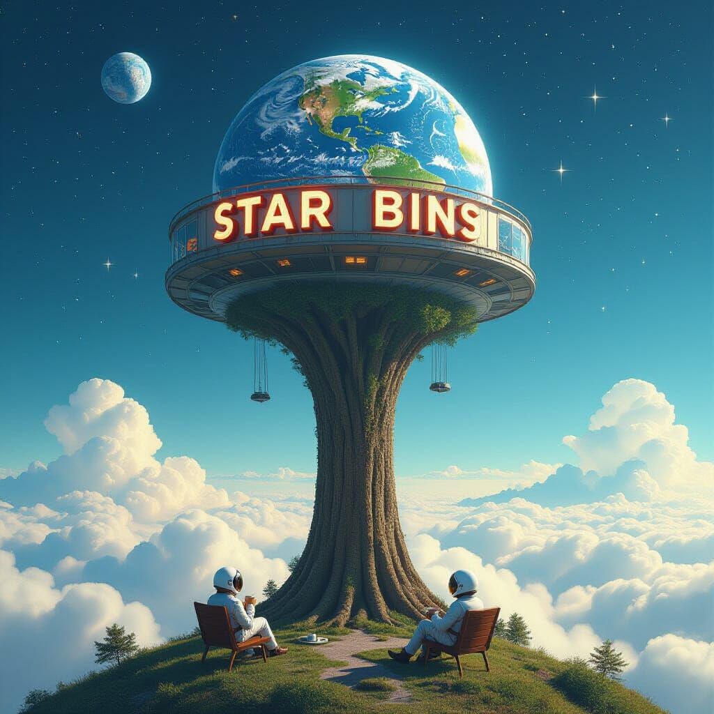 Towering Tree Reaching Space with Café, Surrealist Art