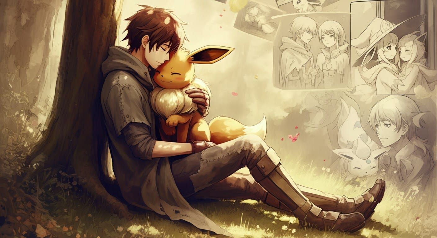Man and Eevee Embrace: Anime Graphic Novel
