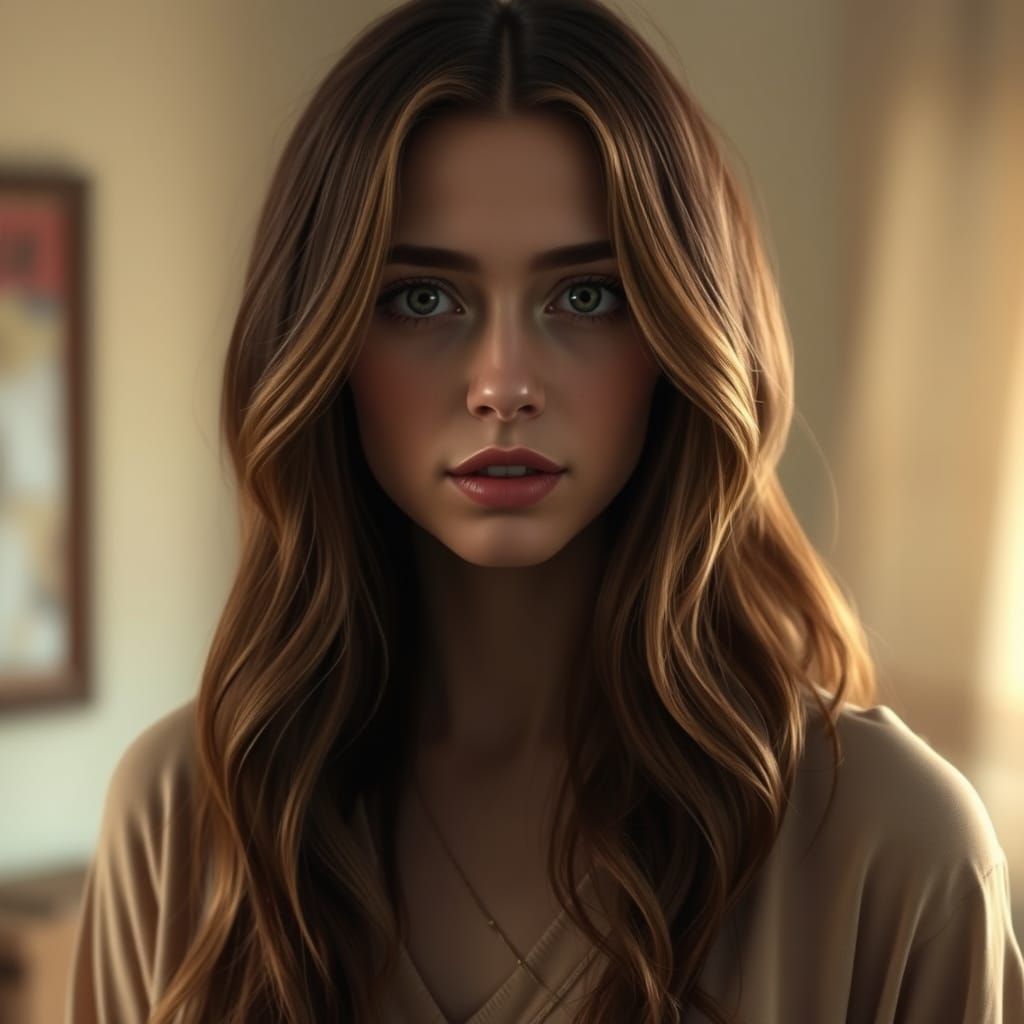 A close-up portrait of a young woman with long, wavy brown hair. She is gazing directly at the camera and has subtle mak...