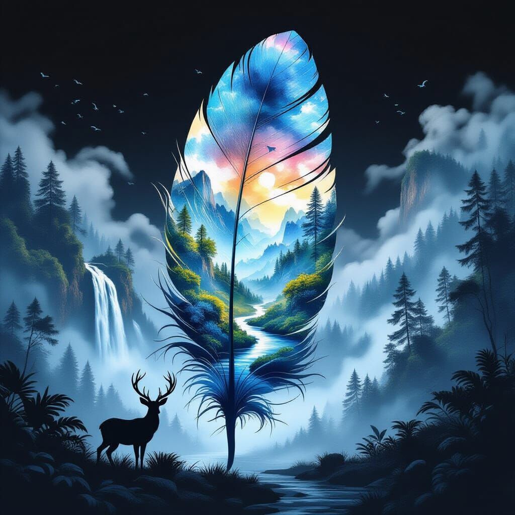 3D Feather Art: Watercolor Jungle & Waterfall Landscape