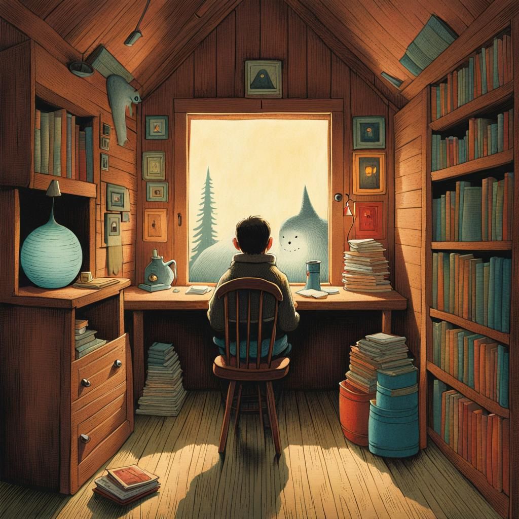 Ominous Ghostwriter Portrait in Tiny Cabin, Stippling Style