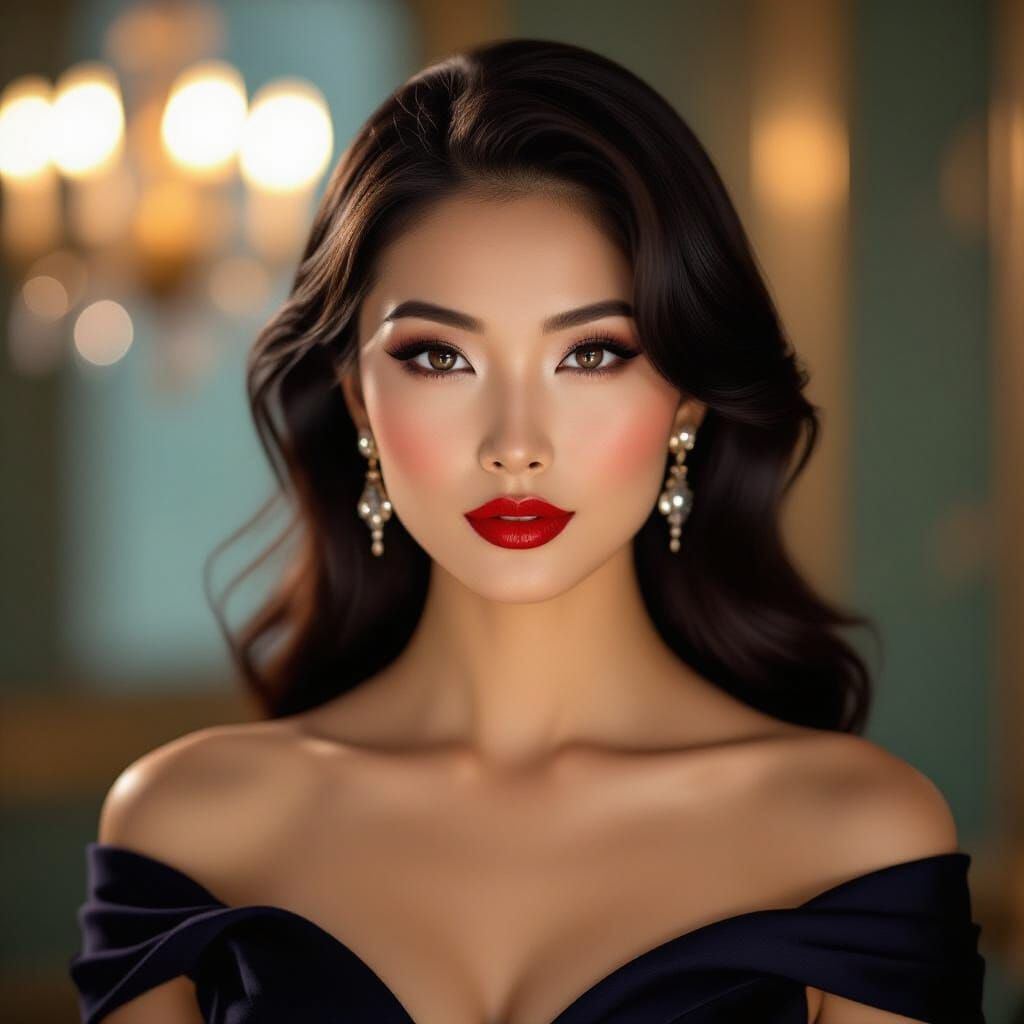 Elegant Woman with Cat Eyes in Vintage Film Noir Style