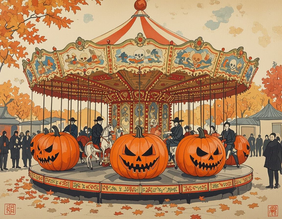 Surreal Ukiyo-e Carousel with Fanged Pumpkins and Skulls