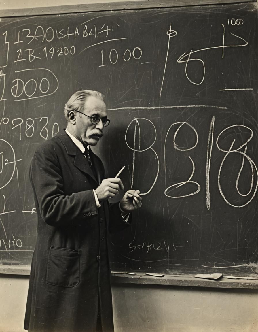 Professor Writes '1000' on Blackboard: Modernist Old Photo