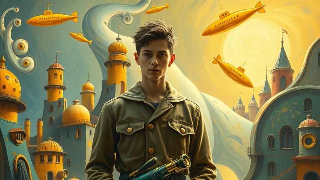 Surreal Town with Melting Buildings and Yellow Submarines