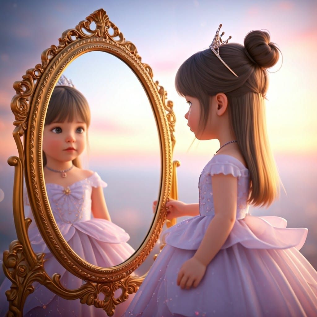 Girl in Princess Dress Gazing at Reflection