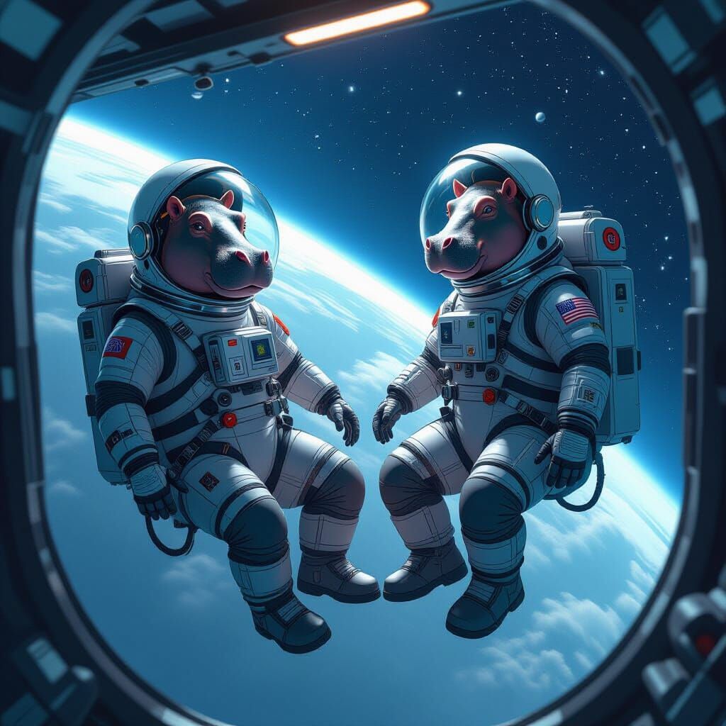 Hippopotamus Astronauts Orbit Earth in Sci-Fi Realism Style