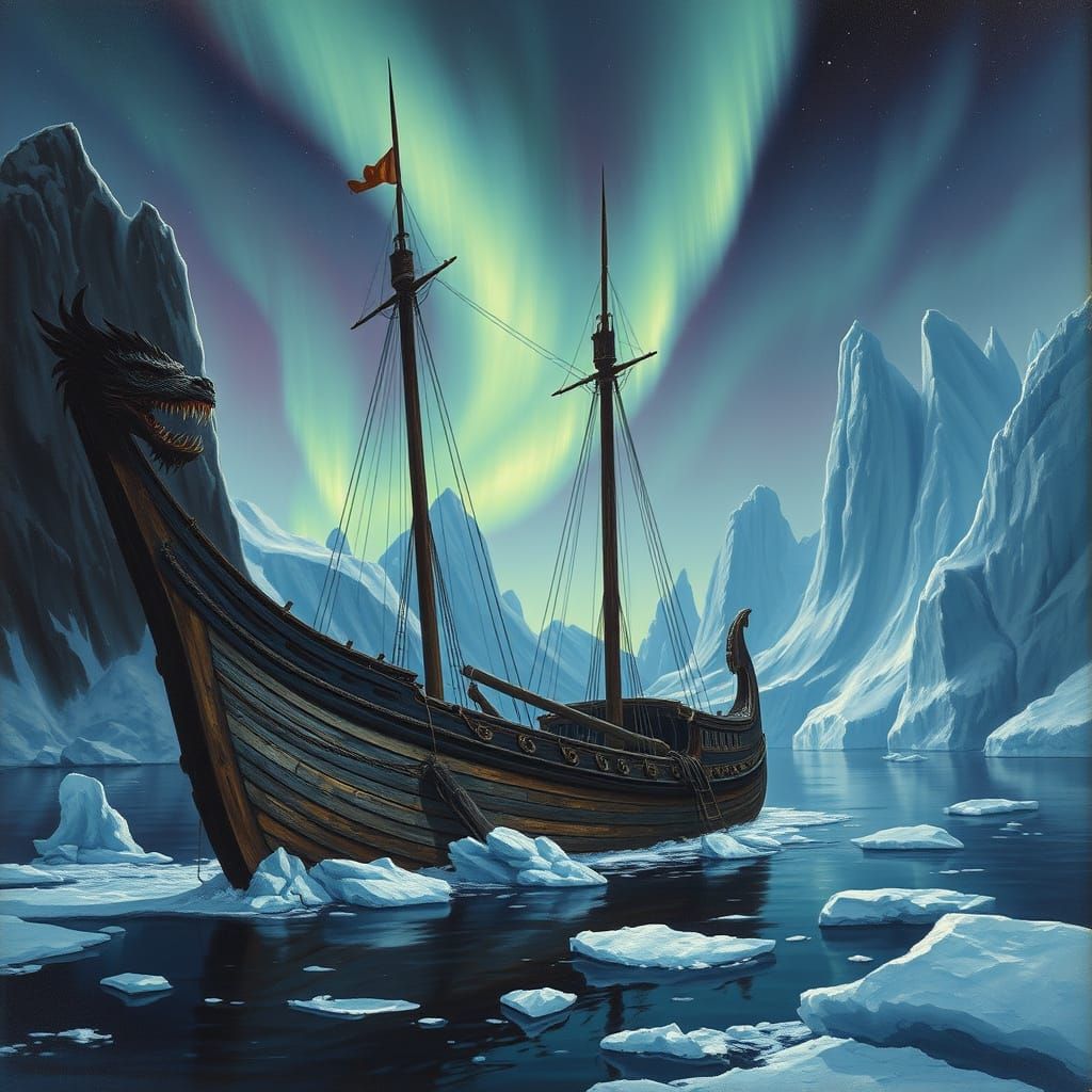 Viking Longship in Antarctic Cove Under Aurora