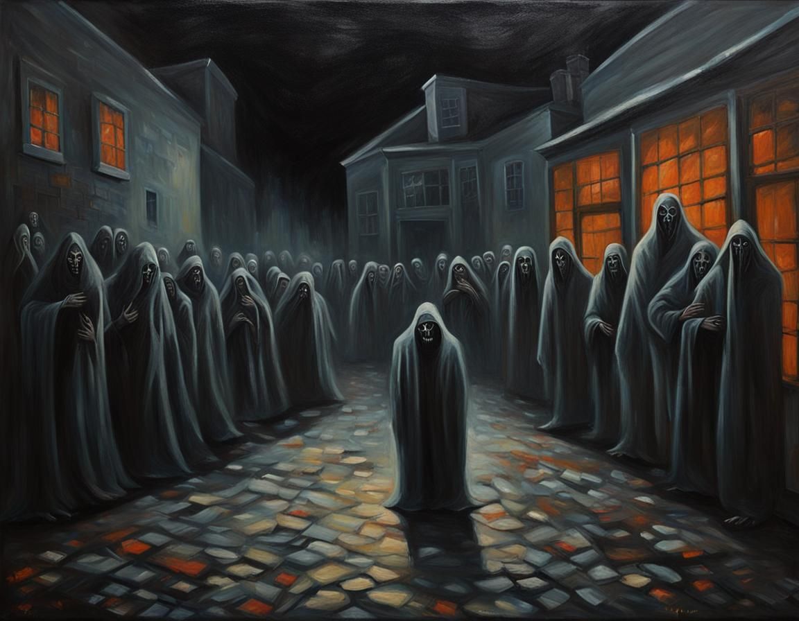 Sinister Spirits in a Dark Alley: An Oil Painting