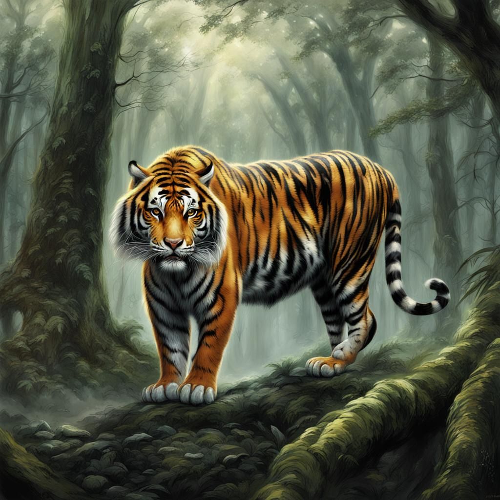 Tiger in Forest, Dark Fantasy Matte Painting
