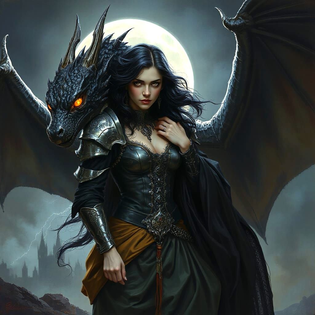Dark Fantasy Sorceress and Dragon Companion